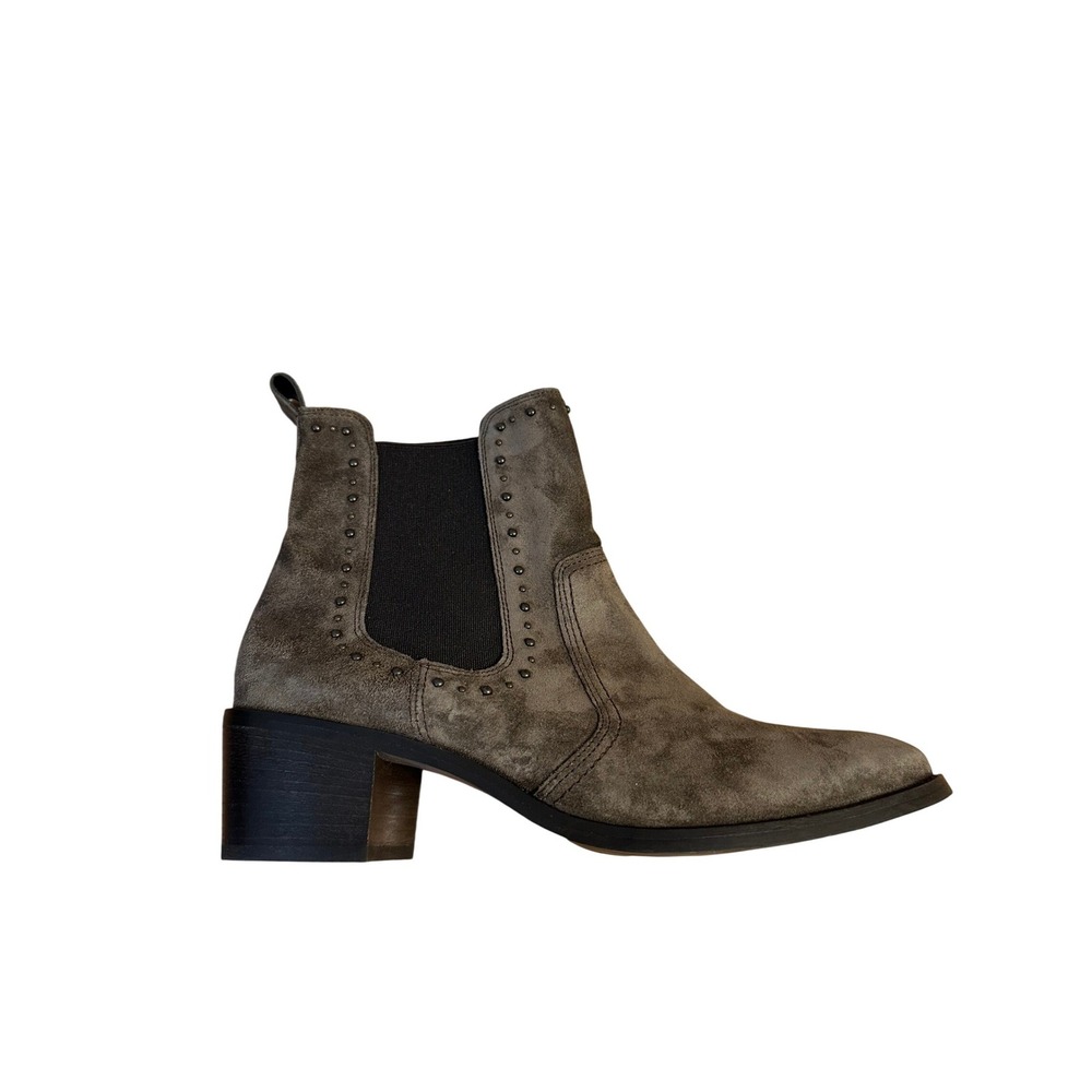 Paul Green Taupe‎ Suede Studded Chelsea Ankle Boots Block Heel Pointed Toe 7.5